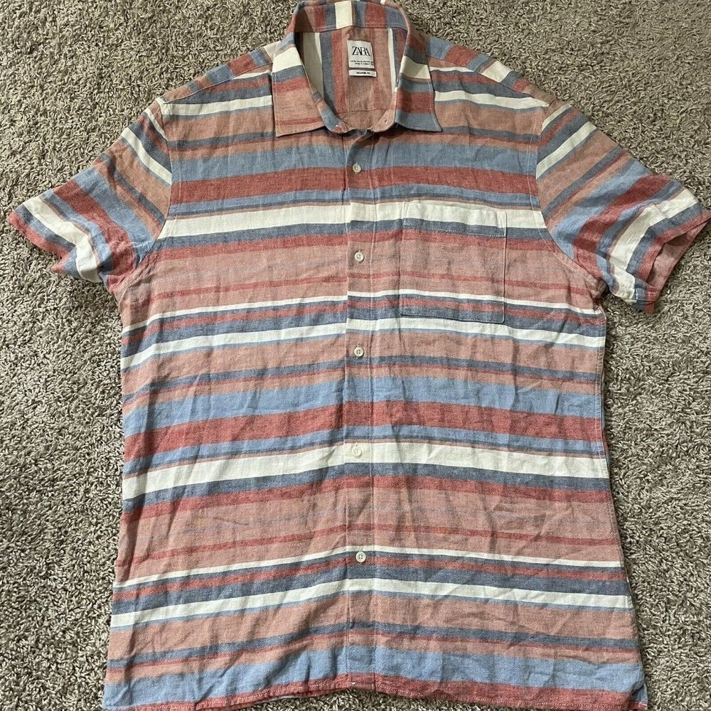 Zara Mens XL Striped Relaxed Fit Short Sleeved Shirt Linen Blend